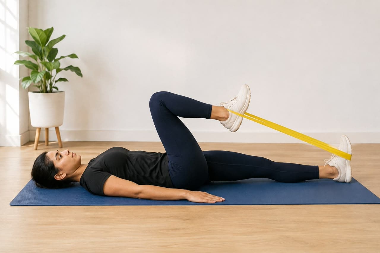 Woman lying on a mat doing a leg exercise with a yellow resistance band