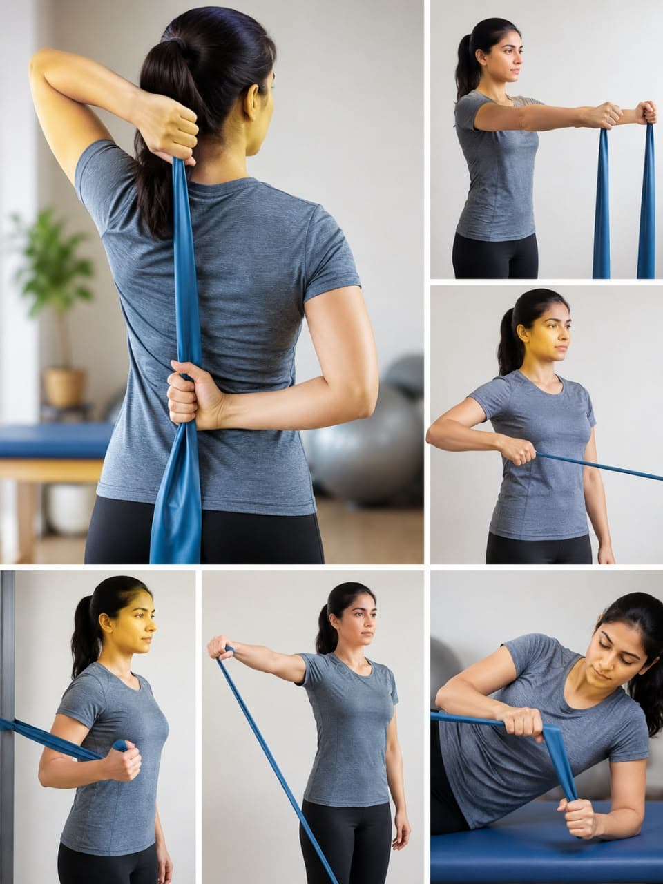Six resistance-band shoulder exercises shown in a collage