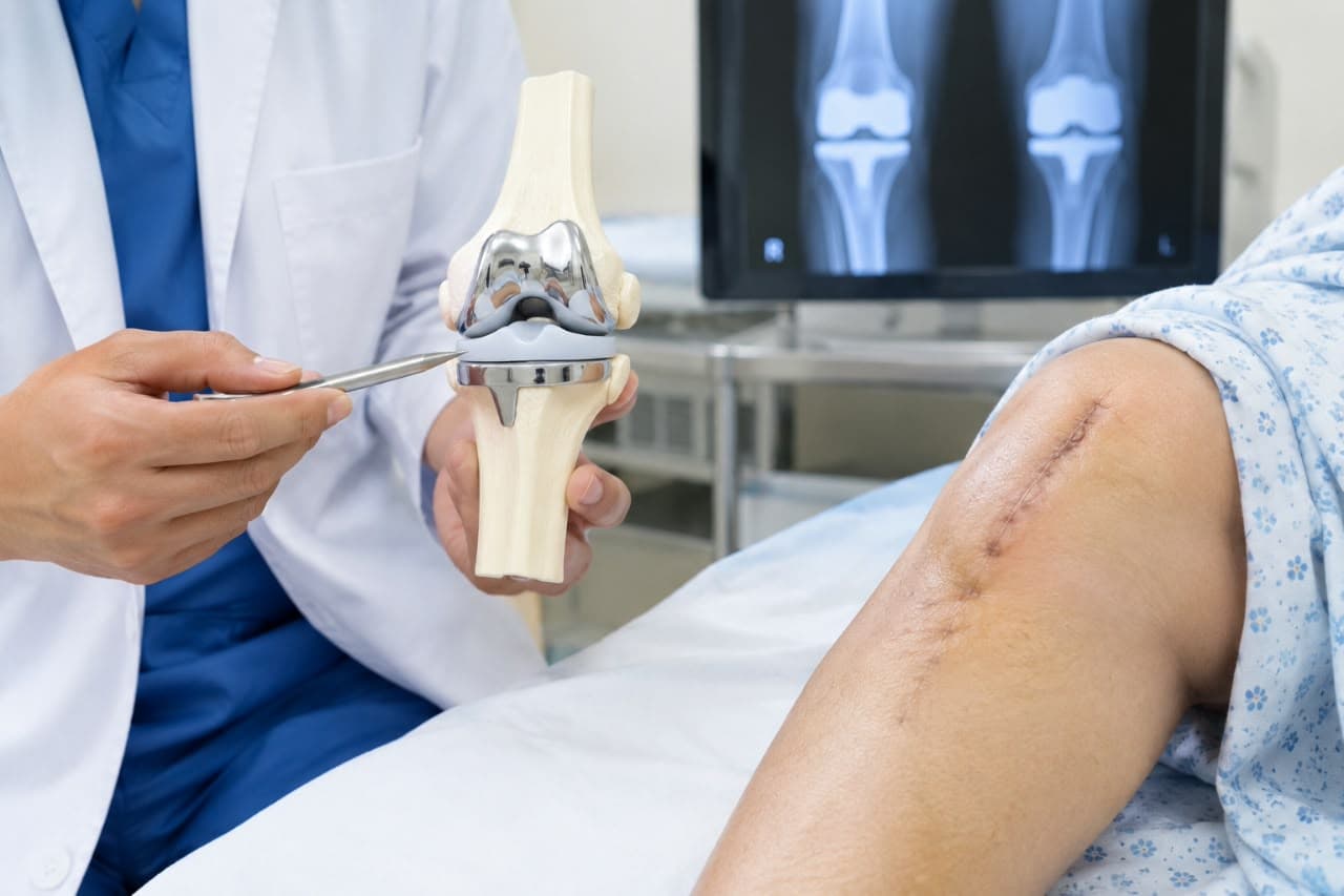 Doctor showing a knee implant model next to a patient's operated knee