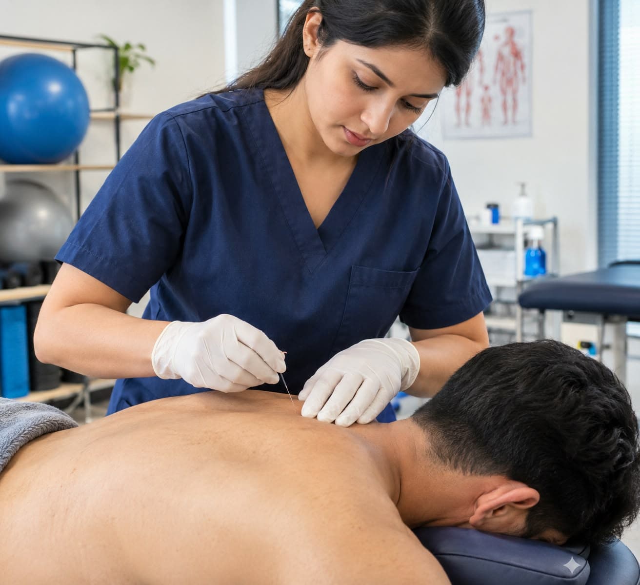 Physiotherapist performing dry needling on a patient's upper back