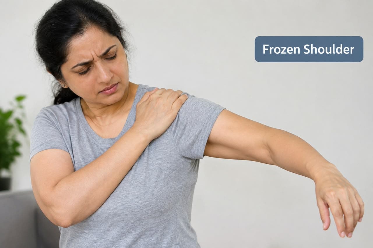 Woman holding her painful shoulder, labelled Frozen Shoulder