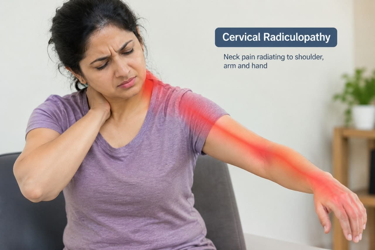 Woman with neck pain spreading down her arm, labelled Cervical Radiculopathy