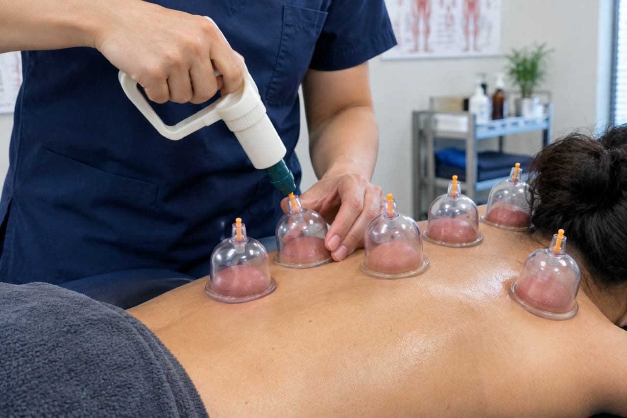 Suction cups placed along a patient's back during cupping therapy